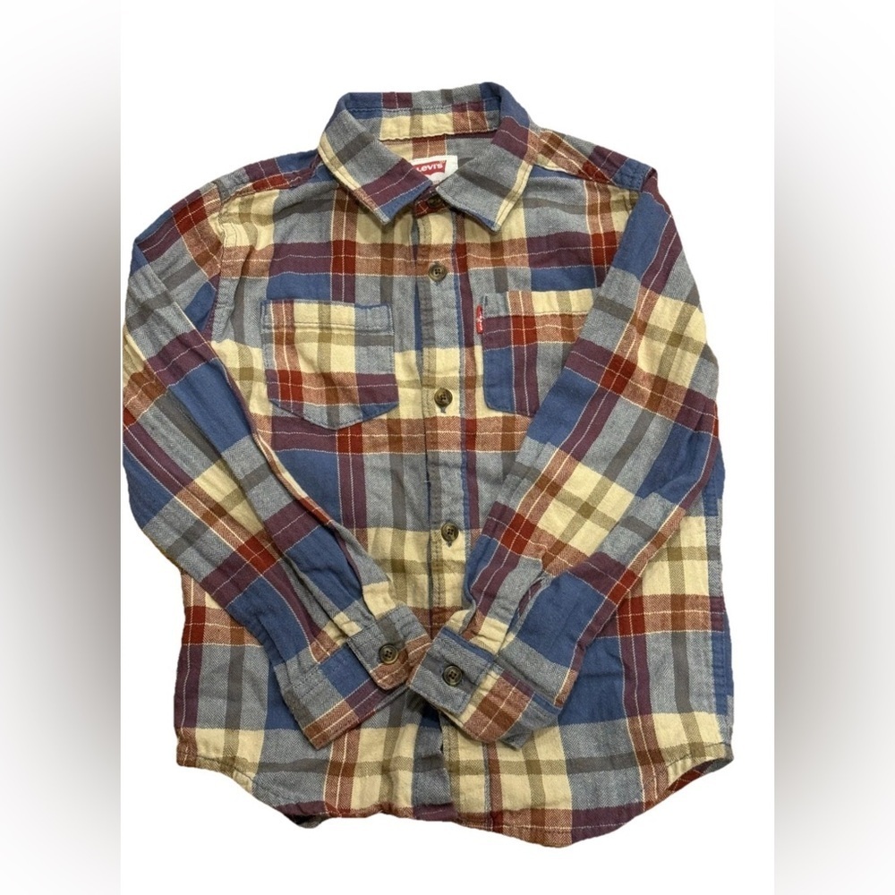 Levis Boys Plaid Flannel Shirt Button Front Long Sleeve Size 5 6 Years